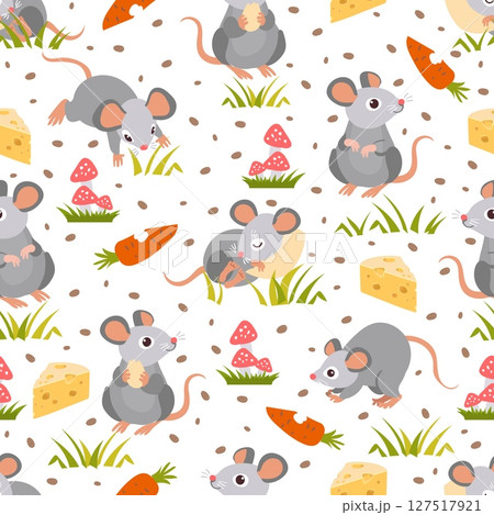 Cute little mouse with piece of cheese and carrots. Small animal seamless pattern. Cartoon rat sleeping on pillow. Repeated print. Mammal eating food. Grass and mushroom. Vector background 127517921