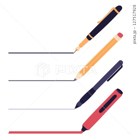 Different lines on paper from fountain pen and pencil. writing with ballpoint or marker. Straight handwritten stroke. Pencil underline. Quill drawing and signing. Vector stationery set 127517928