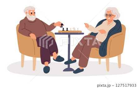 Elderly couple playing chess. Grandparents spend time together. Family at chessboard. Pensioners hobby. Retired people sitting at table with intellectual board game. Vector concept 127517933