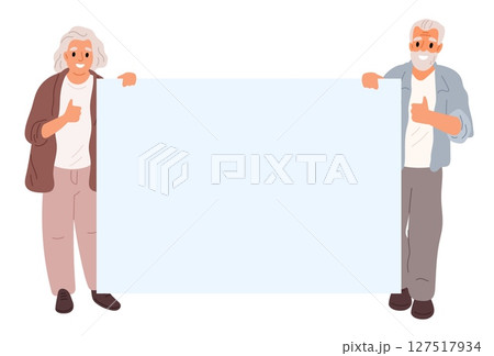 Elderly man and woman hold blank banner in hand for text. Senior couple standing with placard. Activists showing rectangular billboard. Grandparents presenting poster. Vector background Elderly man and woman hold blank banner in hand for text. Senior couple standing with placard. Activists showing rectangular billboard. Grandparents presenting poster. Vector background 127517934