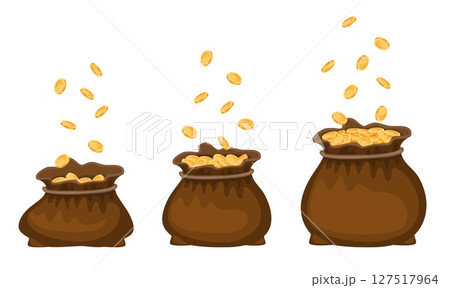 Stages filling cloth bag with gold coins. Ancient treasure sack. Medieval pouch. Wealth in pocket. Full moneybag. Economy profit pack. Financial success. Money earning steps vector set Stages filling cloth bag with gold coins. Ancient treasure sack. Medieval pouch. Wealth in pocket. Full moneybag. Economy profit pack. Financial success. Money earning steps vector set 127517964