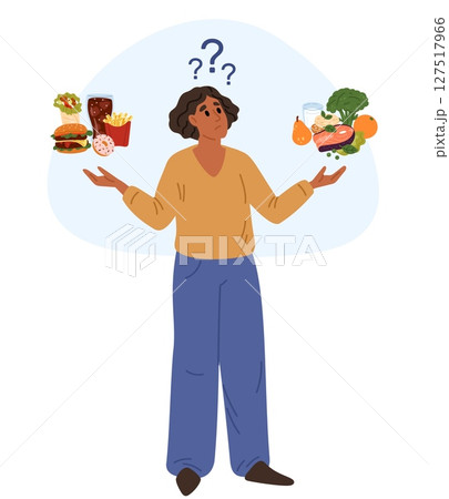 Thoughtful fat woman chooses between healthy and unhealthy eating habits. Choice dilemma. Diet comparison. Confused girl thinking about nutrition question. Pensive female. Vector concept 127517966