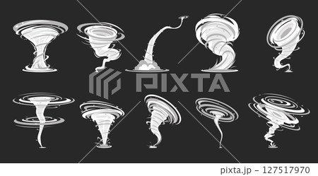 Tornado effect. Air hurricane. Wind vortex on dark background. Climate phenomenon. Dangerous storm with twisted funnels. Natural disasters. Atmosphere windstorm. Vector whirlwinds set Tornado effect. Air hurricane. Wind vortex on dark background. Climate phenomenon. Dangerous storm with twisted funnels. Natural disasters. Atmosphere windstorm. Vector whirlwinds set 127517970