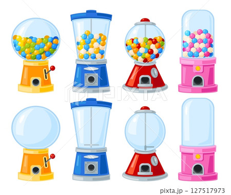 Vending machines. Dispensers empty and with colorful chewing gums. Food selling slot equipment. Gashapon balls. Caramel sweets distributor. Bubble dispense. Gacha containers vector set 127517973