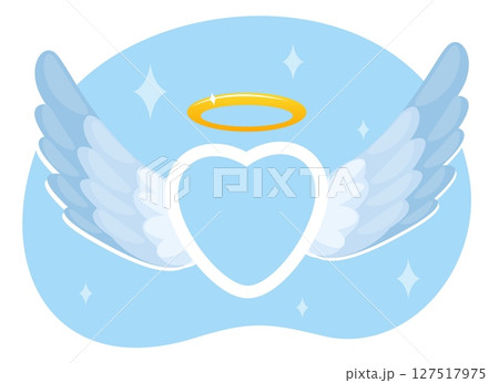 White heart with angel wings and golden halo. Spirit in heaven. Love flight in sky. Valentine lovely romance. Hope and kindness. Spiritual compassion. Angelic feathers. Vector concept White heart with angel wings and golden halo. Spirit in heaven. Love flight in sky. Valentine lovely romance. Hope and kindness. Spiritual compassion. Angelic feathers. Vector concept 127517975