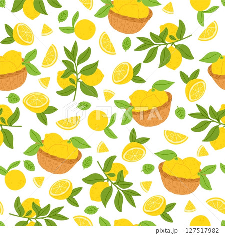 Yellow lemons seamless pattern. Whole and cut into slices fruits. Citron plant branch with leaves. Sour citrus pieces. Garden harvest. Repeated kitchen fabric print. Vector background 127517982