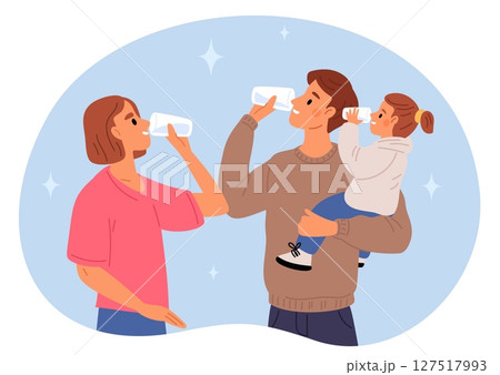 Young family with small child drink clean water from glass cups. People hydration. Parents together with kid quench thirst. Healthy fresh beverage. Pure liquid refreshment. Vector concept Young family with small child drink clean water from glass cups. People hydration. Parents together with kid quench thirst. Healthy fresh beverage. Pure liquid refreshment. Vector concept 127517993