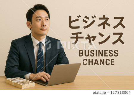 若い男性がスーツ姿でノートパソコンを前に、札束と「ビジネスチャンス」の文字が背景にある 若い男性がスーツ姿でノートパソコンを前に、札束と「ビジネスチャンス」の文字が背景にある 127518064