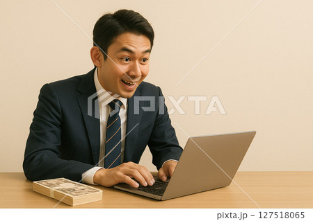 若い男性がスーツ姿でノートパソコンを前に、札束と「ビジネスチャンス」の文字が背景にある 若い男性がスーツ姿でノートパソコンを前に、札束と「ビジネスチャンス」の文字が背景にある 127518065