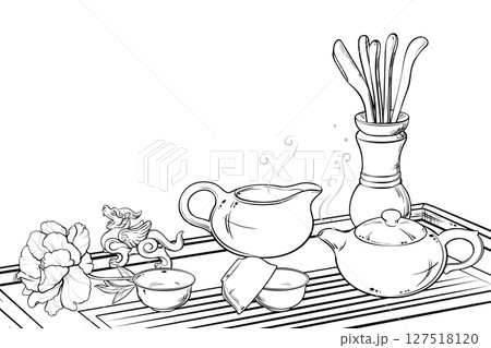 Tea Ceremony Vector Isolated Outline Illustration for Design and Decoration for Cafeteria, Posters, Banners, Cards. 127518120