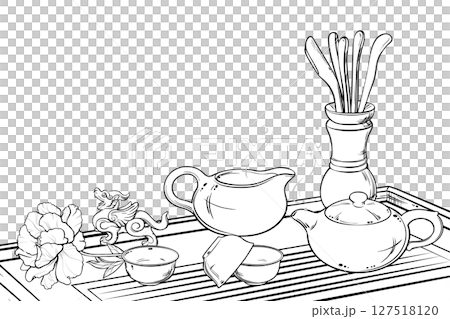 Tea Ceremony Vector Isolated Outline Illustration for Design and Decoration for Cafeteria, Posters, Banners, Cards. Tea Ceremony Vector Isolated Outline Illustration for Design and Decoration for Cafeteria, Posters, Banners, Cards. 127518120