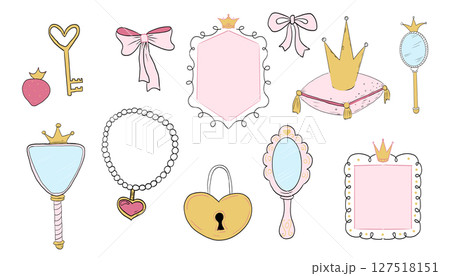 Princess set cute hand drawn sketch. Girl magic fairy mirror, pageant, crown, fairytale fantasy. Royal accessory. Letter and key. Princess set cute hand drawn sketch. Girl magic fairy mirror, pageant, crown, fairytale fantasy. Royal accessory. Letter and key. 127518151