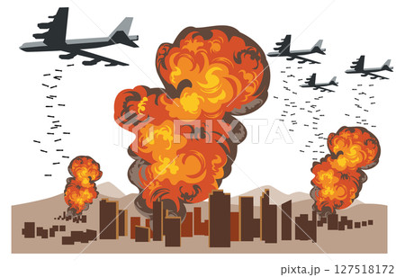 市街地に爆弾を落とす爆撃機のイメージイラスト 市街地に爆弾を落とす爆撃機のイメージイラスト 127518172