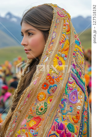 Inti Raymi costumes, focusing on the golden details, embroidery, and textures, worn by a performer with a blurred crowd and scenic mountains in the background 127518192