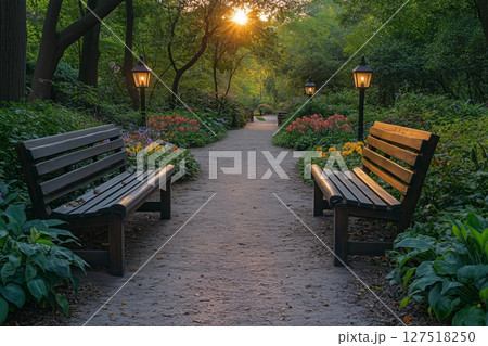 a peaceful walking trail lined with benches and lanterns a peaceful walking trail lined with benches and lanterns 127518250