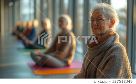 a yoga class for elderly people, participants in relaxed poses on colorful mats 127518349