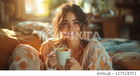A girl on the couch holds her coffee mug, basking in the warmth of a relaxed moment 127518351