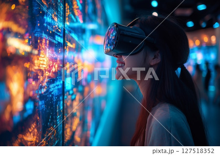 a young woman smiling as she navigates a VR art gallery, holographic displays visible in the background, soft glowing light highlighting the scene 127518352