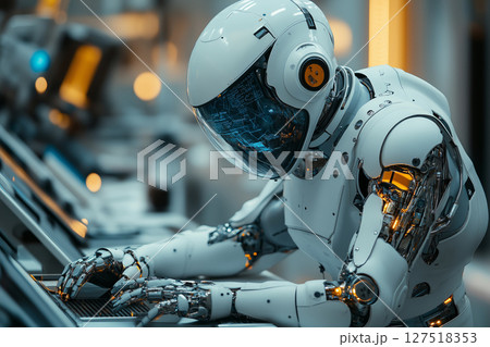 an astronaut like engineer testing wearable exoskeleton technology in a futuristic lab, surrounded by robotics and AI systems 127518353