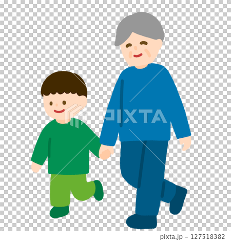 孫（男の子）と歩くおじいさん 127518382