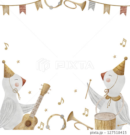 Frame geese baby musicians, watercolor illustration musical instruments, guitar, trumpet, drum, tambourine, festive garland, flags hand drawn. Template for design invitation, postcard, poster, nursery 127518415