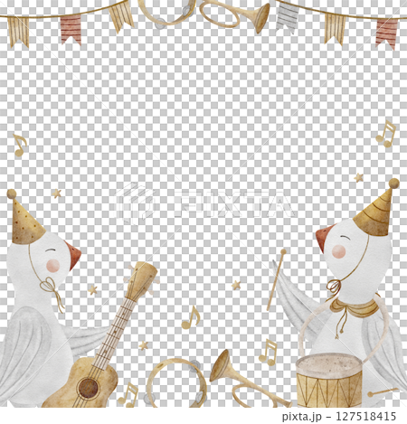 Frame geese baby musicians, watercolor illustration musical instruments, guitar, trumpet, drum, tambourine, festive garland, flags hand drawn. Template for design invitation, postcard, poster, nursery 127518415