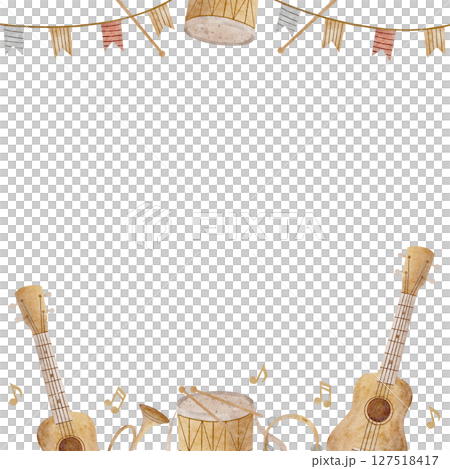 Frame musical instruments watercolor, hand drawn illustration guitar drum trumpet notes garland festive. Template square for invitation design, concert program, orchestra postcard poster nursery decor 127518417