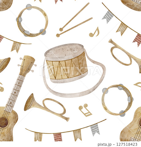 Musical instruments watercolor pattern, guitar, drum, trumpet, notes. Hand drawn illustration. Seamless print in children's style on background design textiles, fabrics, wallpapers nursery, stationery 127518423