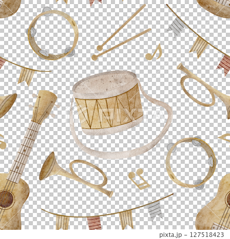 Musical instruments watercolor pattern, guitar, drum, trumpet, notes. Hand drawn illustration. Seamless print in children's style on background design textiles, fabrics, wallpapers nursery, stationery 127518423