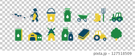 Dairy farming and agriculture flat icon set (cow, tractor, milk, windmill, etc.) 127518509