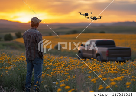 a farmer standing next to their truck, with drones in the air capturing data above a large crop field, rural setting with distant hills a farmer standing next to their truck, with drones in the air capturing data above a large crop field, rural setting with distant hills 127518511