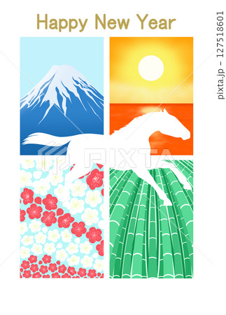 走る馬と富士山・海の日の出・梅・竹の背景 走る馬と富士山・海の日の出・梅・竹の背景 127518601