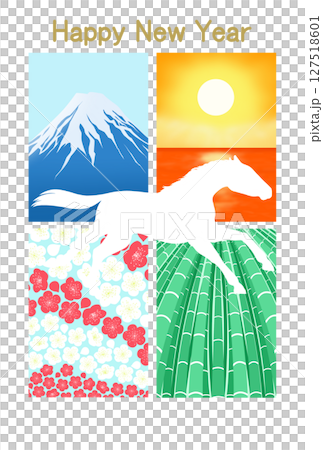 走る馬と富士山・海の日の出・梅・竹の背景 走る馬と富士山・海の日の出・梅・竹の背景 127518601