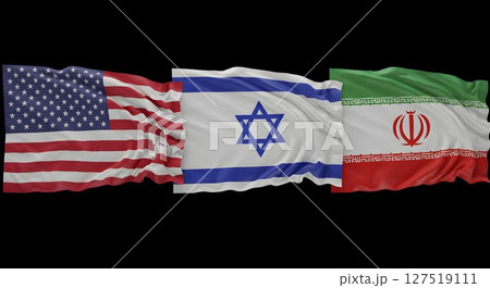 Flags of the United States, Israel, and Iran waving side by side. International relations and diplomacy concept. 127519111