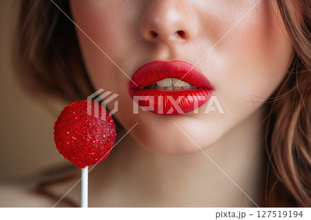 lollipop on stick on background of a woman face with red open lips 127519194