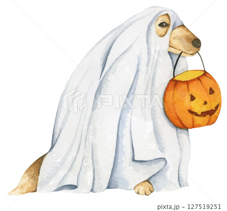 Watercolor Ghost Dog. Trick or Treat. Hand Drawn Halloween Dogs Illustration. Spooky Pet Costume. Watercolor Ghost Dog. Trick or Treat. Hand Drawn Halloween Dogs Illustration. Spooky Pet Costume. 127519251