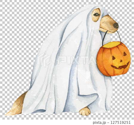 Watercolor Ghost Dog. Trick or Treat. Hand Drawn Halloween Dogs Illustration. Spooky Pet Costume. Watercolor Ghost Dog. Trick or Treat. Hand Drawn Halloween Dogs Illustration. Spooky Pet Costume. 127519251