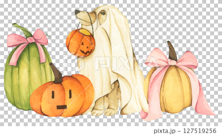 Watercolor Ghost Dog. Trick or Treat. Hand Drawn Halloween Dogs Illustration. Spooky Pet Costume. Watercolor Ghost Dog. Trick or Treat. Hand Drawn Halloween Dogs Illustration. Spooky Pet Costume. 127519256
