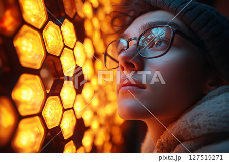 a person adjusting the brightness of modular LED light panels arranged in a creative geometric pattern 127519271