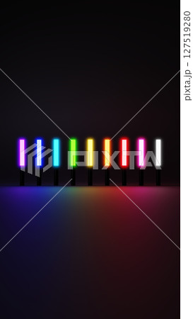 黒背景に9色のカラフルなペンライト。3D（縦長） 127519280