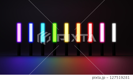 黒背景に9色のカラフルなペンライト。3D（横長） 127519281