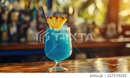 Vibrant blue tropical cocktail, garnished with fresh pineapple slice and straw sits on sunlit wooden bar counter with blurred bottles in background. Ideal for summer, tropical or nightlife themes 127519282