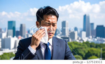 外の暑さに苦しむビジネスマン（AI生成画像） 127519311