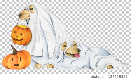 Watercolor Ghost Dog. Trick or Treat. Hand Drawn Halloween Dogs Illustration. Spooky Pet Costume. 127519321