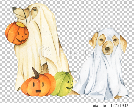 Watercolor Ghost Dog. Trick or Treat. Hand Drawn Halloween Dogs Illustration. Spooky Pet Costume. Watercolor Ghost Dog. Trick or Treat. Hand Drawn Halloween Dogs Illustration. Spooky Pet Costume. 127519323