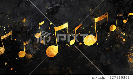 Artistic illustration of several golden musical notes on dark textured background with scattered golden particles, conveying music, artistry and touch of glamour 127519391