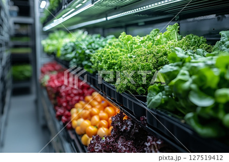 a spacious hydroponic farm with colorful leafy greens growing in stacked layers 127519412