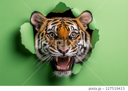 Tiger bursts through green wall creating a striking visual impact in an artistic setting 127519413