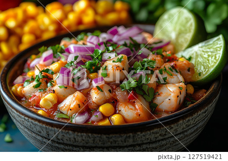 a traditional Peruvian ceviche served in a ceramic bowl, featuring fresh fish, red onions, lime juice, and chili peppers, accompanied by corn and sweet potatoes, with vibrant natural lighting 127519421