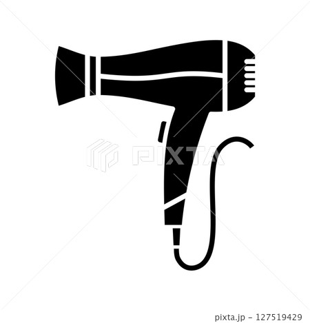 Hair dryer icon for salon or beauty designs. Black silhouette of electric hair dryer device. 127519429